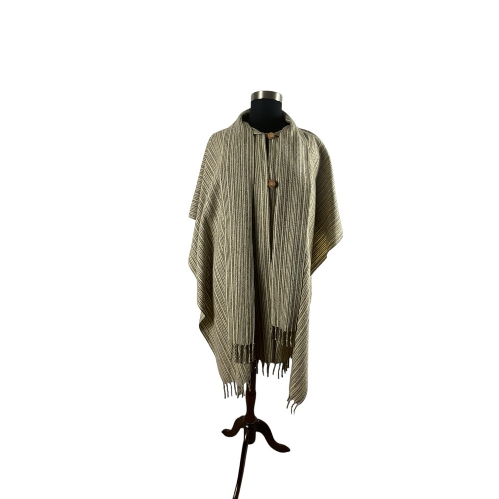 Estate Art to Wear Lagenlook Wood Button Wool Poncho Scarf Striped Fringe Cape